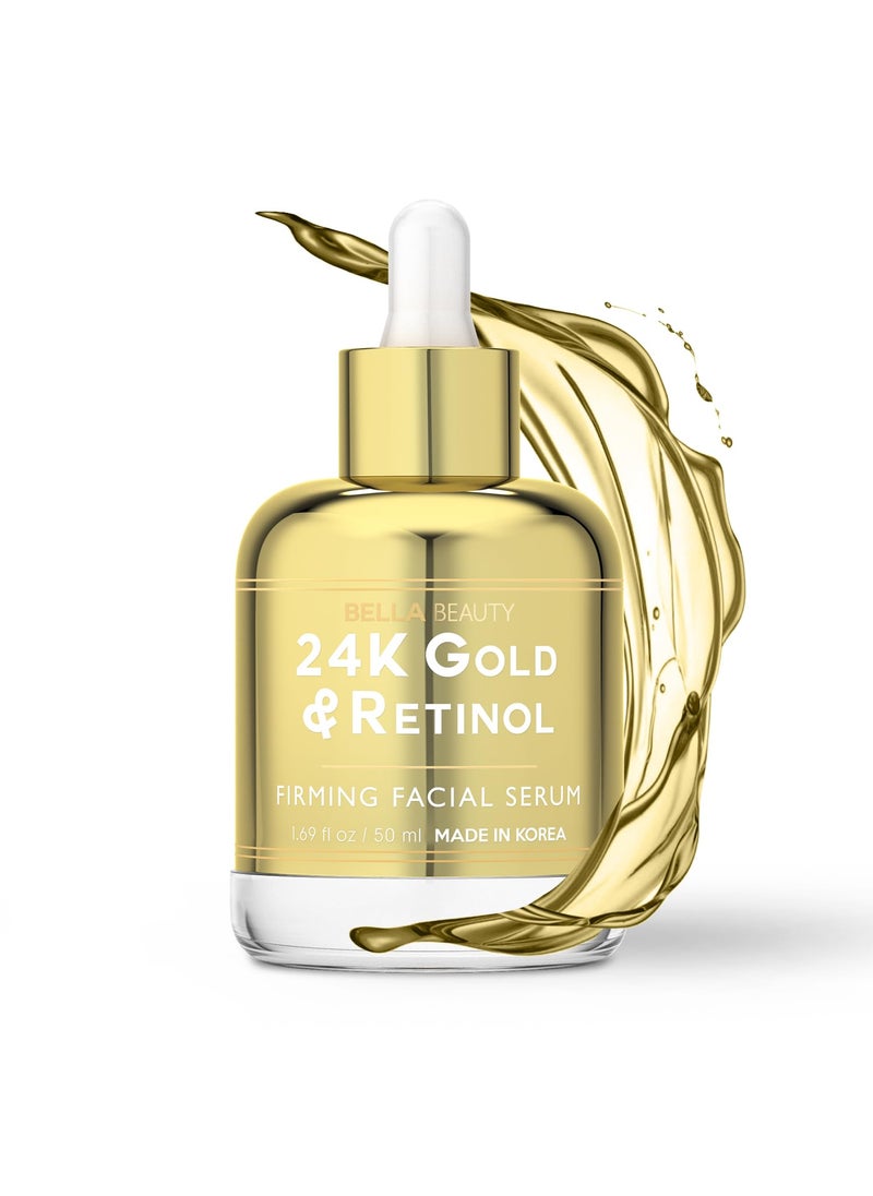 Bella Beauty 24K Gold & Retinol Face Serum - Reduces Age Spots, Fine Lines & Wrinkles, Lifting & Firming - Dermatologist Tested, Cruelty-Free Korean Skin Care for All Skin Types - 1.69 Fl. Oz