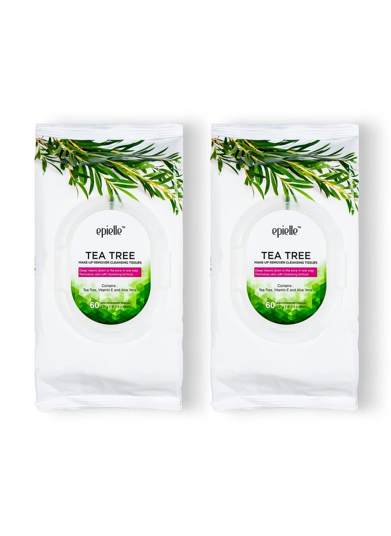 Epielle Vitamin C & Tea Tree Facial Wipes, 60 ct, Pack of 2, Refreshing & Soothing, Perfect for Spa Days, Beauty Gifts, Korean Skincare Gift Set