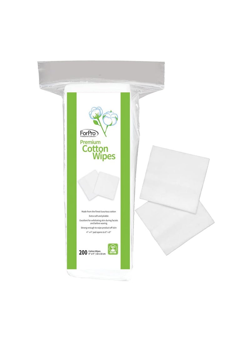 ForPro Professional Collection Premium Cotton Wipes, 100% Cotton, Extra-Soft, for Cosmetic, Nail, and Personal Care, 4” x 4”, 200-Count