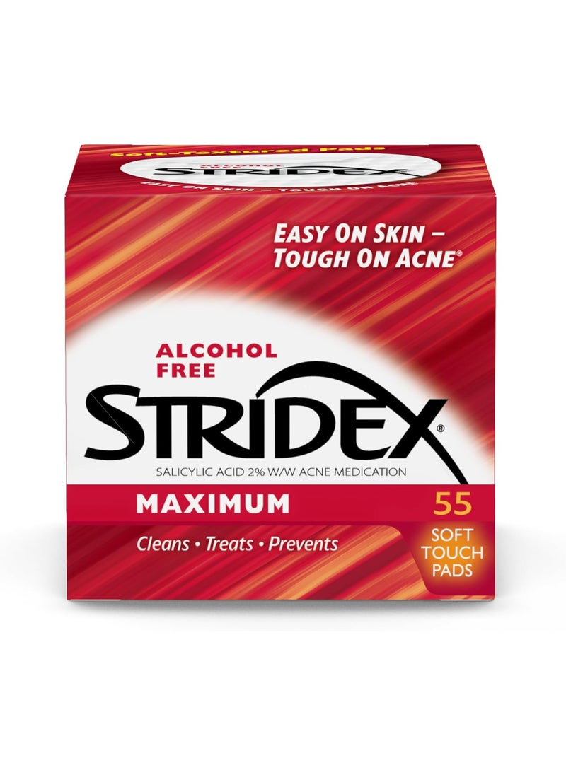 Stridex Medicated Acne Pads, Maximum, 55 Count – Facial Cleansing Wipes, Alcohol Free, Acne Treatment for Face, For Moderate Acne, Smooth Application