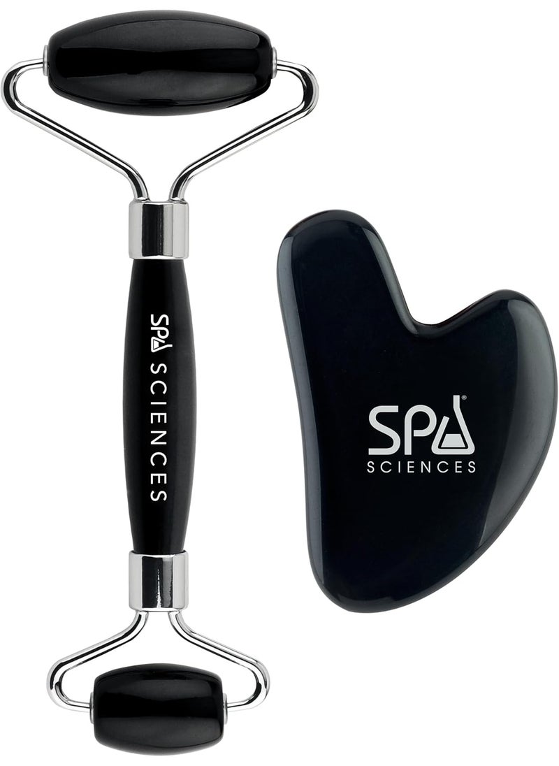 SPA SCIENCES - Obsidian Roller & Gua Sha - Black Obsidian Stone Contouring Set