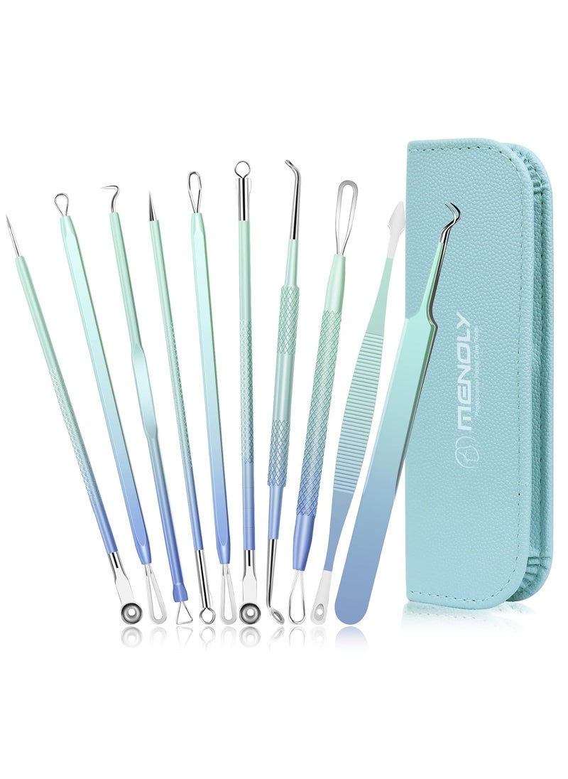 Pimple Popper Tool Kit, MENOLY 10Pcs Blackhead Remover Extractor Tools, Acne Kit for Blackhead,Blemish,Zit Removing, Whitehead Popping and Comedone Extractor Tool with Leather Bag