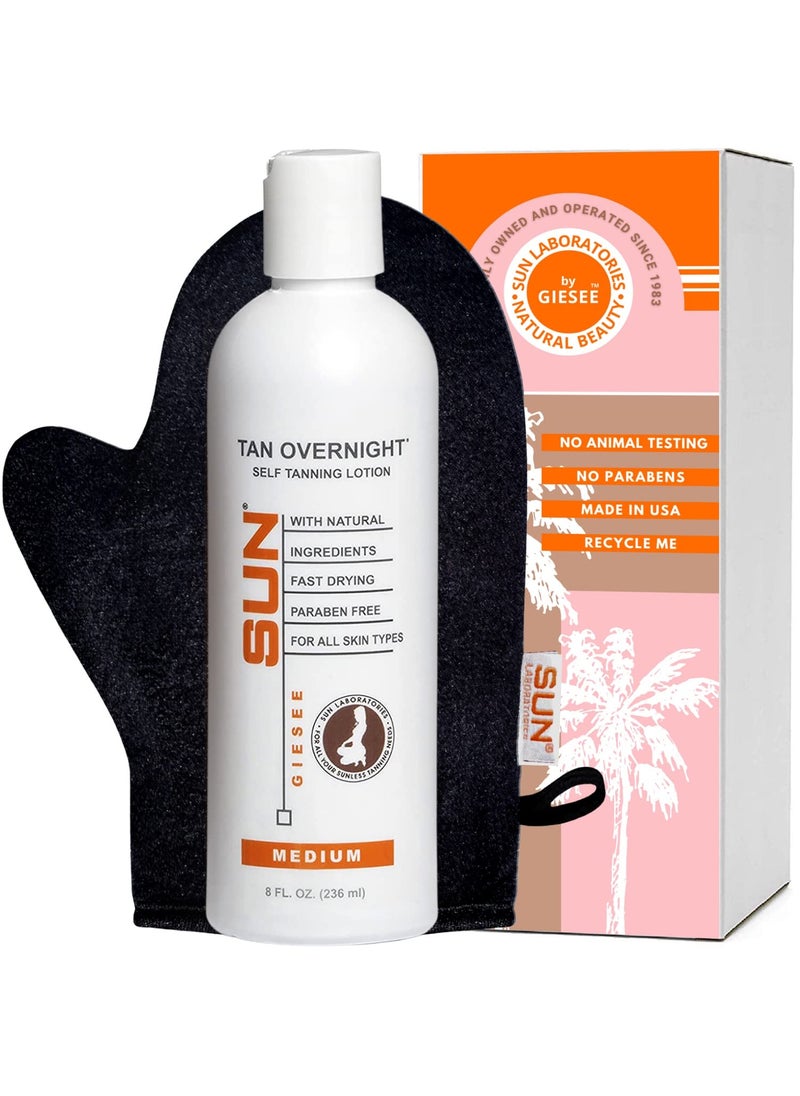 Sun Laboratories By Giesee Tan Overnight Sunless Tanning Lotion and Tanning Mitt - Self Tanning Lotion, Organic Self Tanner Ultra Dark, Pregnancy Safe, Non-Toxic, Instant Long Lasting, Travel Size