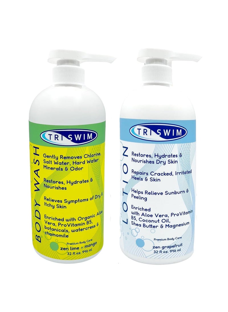 TRISWIM Skin Care Set with Chlorine Removal Body Wash + After Swim Lotion 32 Fl Oz | Defends Skin from Dryness, Sunburn & Chlorine Damage | Keeps Your Skin Soft & Nourished | Pack of 2
