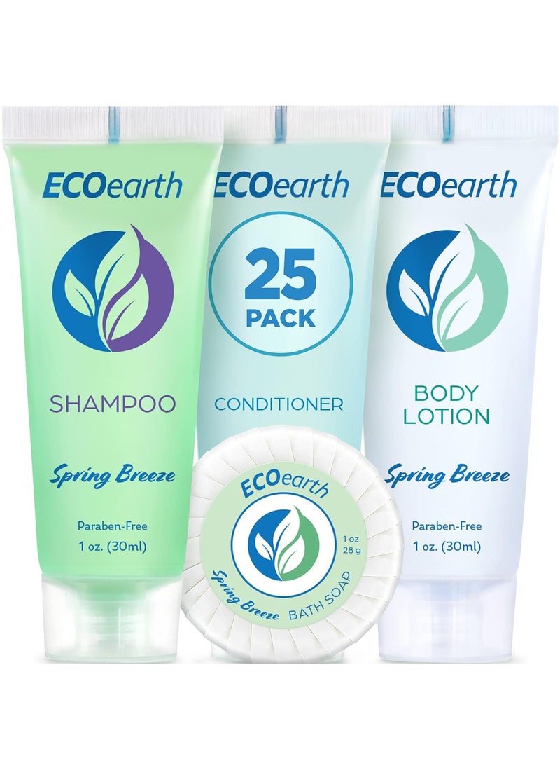 EcoEarth Hotel Toiletries Bundle (Spring Breeze, 1 oz Each, 100 Pieces) 4-Piece Set: 25 Round Bar Soap, 25 Shampoo, 25 Conditioner & 25 Body Lotion - Bulk Mini Guest Amenities