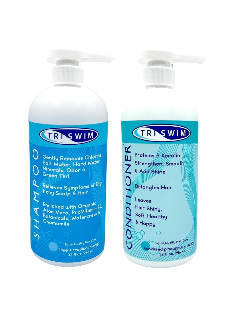 TRISWIM Hair Care Bundle with Swim Shampoo and Conditioner 32 Fl Oz Each | Repairs Chlorine-Damaged Hair, Enhances Natural Texture | Nourishing Pack of 2
