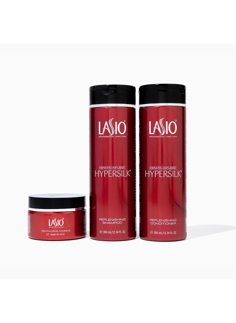 Lasio Keratin-Infused Hypersilk Intense Hair Repair and Healthy Hair Kit - Contains Professional Salon Level Grade Shampoo, Conditioner, and Masque - All In One Hair Kit