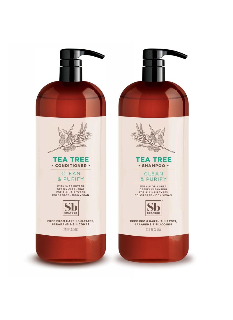 Soapbox Tea Tree Shampoo and Conditioner Set, Scalp Balancing with Tea Tree Oil, Jojoba Oil, Aloe and Shea Butter to Clean and Purify for All Hair Types, 1 Liter Each (Pack of 2)
