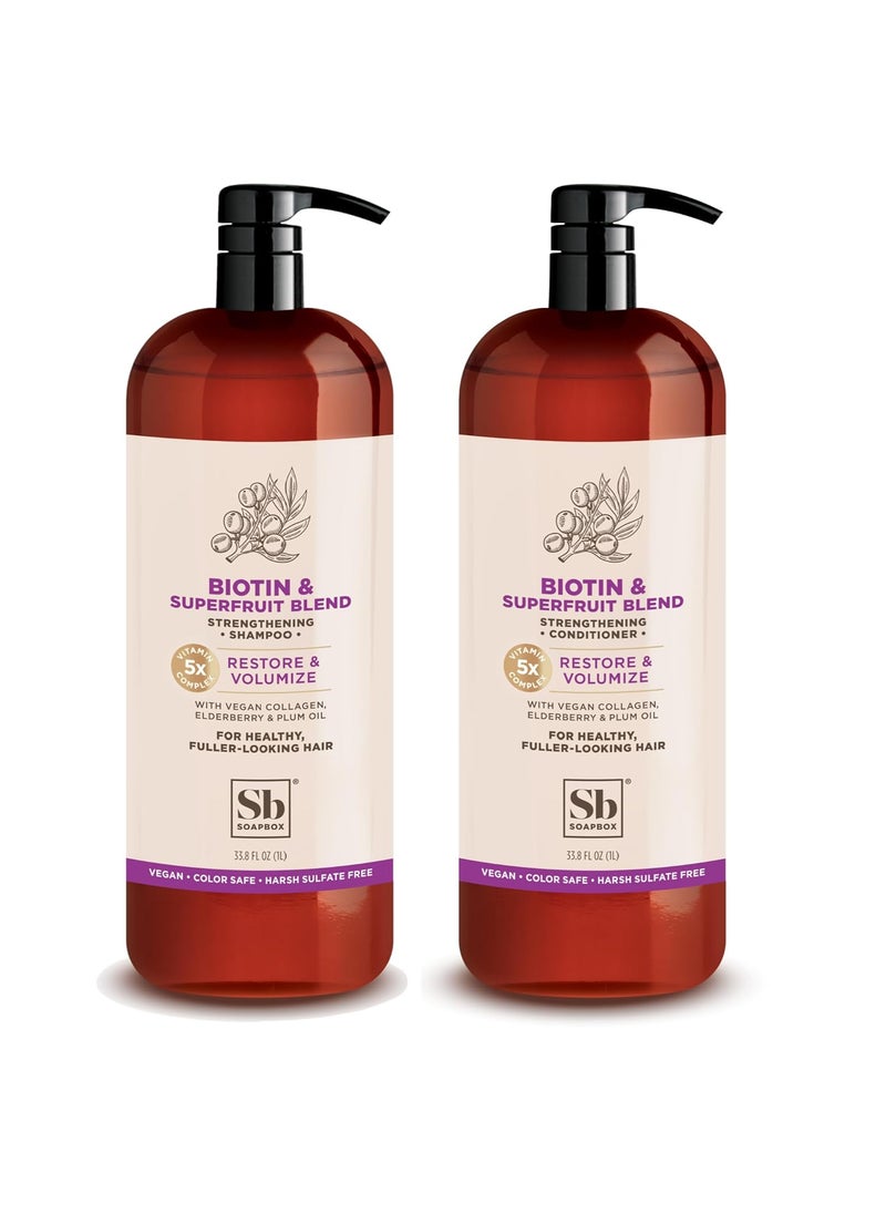 Soapbox Biotin & Superfruit Shampoo & Conditioner Set with Vegan Collagen, Aloe and Shea Butter, Sulfate Free, Paraben & Silicone Free, Color Safe and Vegan Hair Products, 1 Liter Each (Pack of 2)