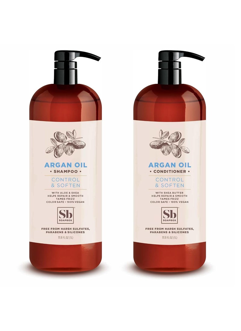 Soapbox Argan Shampoo & Conditioner Set, Volumizing, Vegan, Color Safe, Sulfate & Silicone Free, 1 Liter Each (Pack of 2)