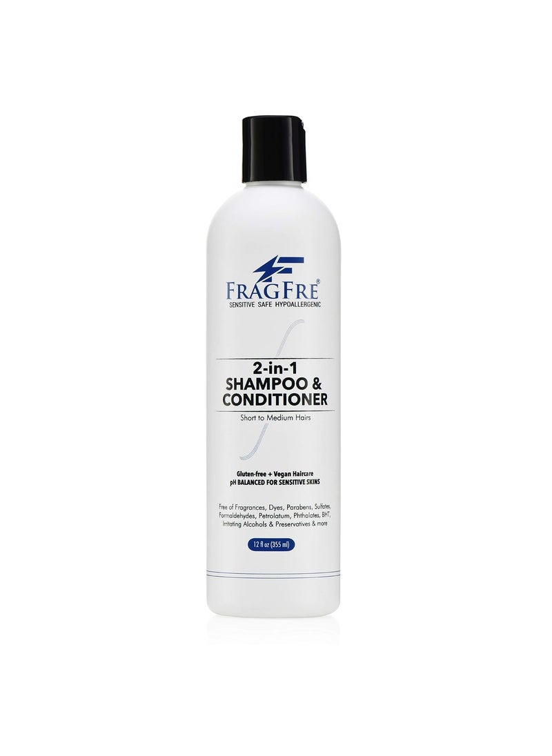 2 in 1 Shampoo and Conditioner 12 oz - Fragrance Free Conditioning Shampoo for Short to Medium Hairs - Color Safe Wash and Go - Sulfate Free Cleansing Conditioner for Sensitive Scalps (1 Pack)