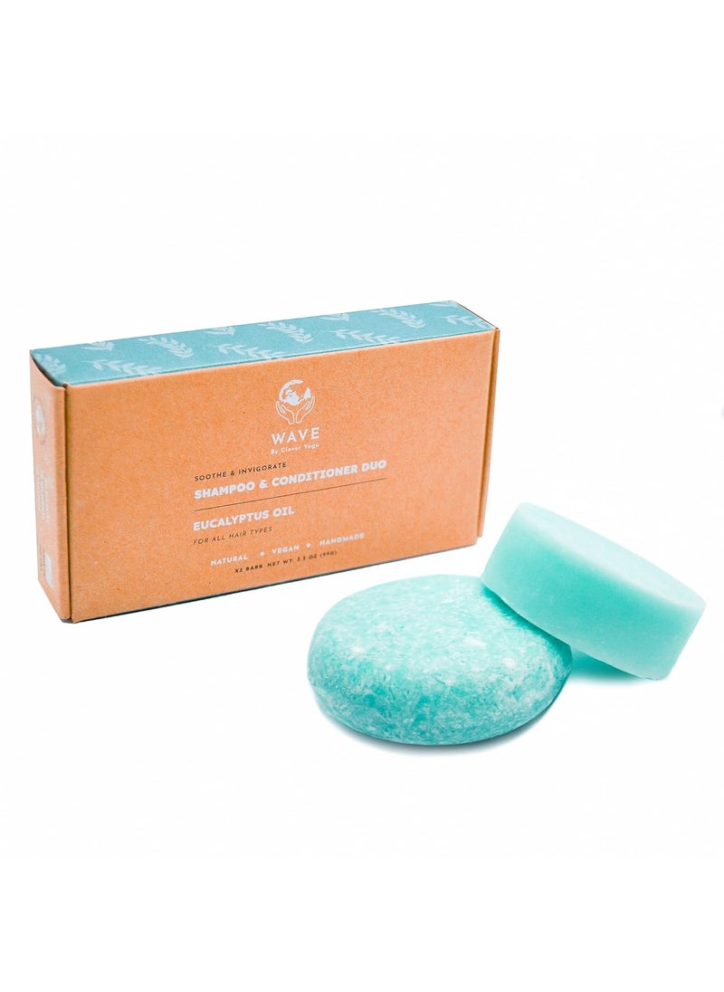 Clever Yoga Invigorating Eucalyptus Oil Shampoo and Conditioner Bar Set - 100% Vegan, Plastic Free, Sustainable, Handmade in USA, Silicone Paraben and SLS Free, Great for Travel - 2.2 Ounces