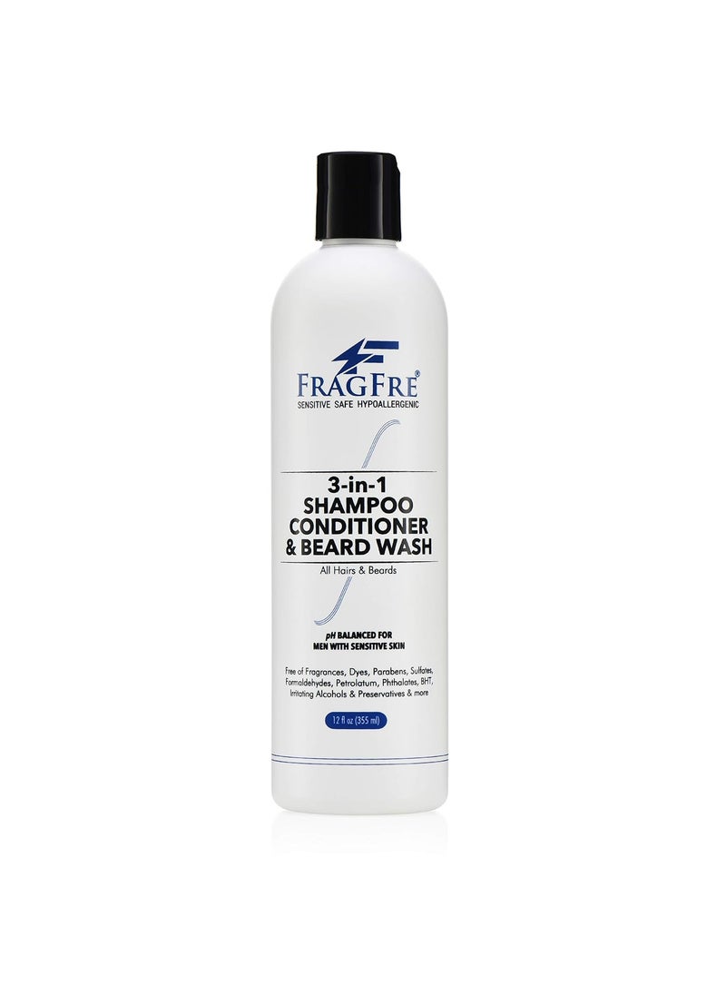 Shampoo Conditioner and Beard Wash for Men, 12 oz - Unscented, Sensitive Skin, 3 in 1 Hair and Beard Cleansing and Conditioning, Grooming Product