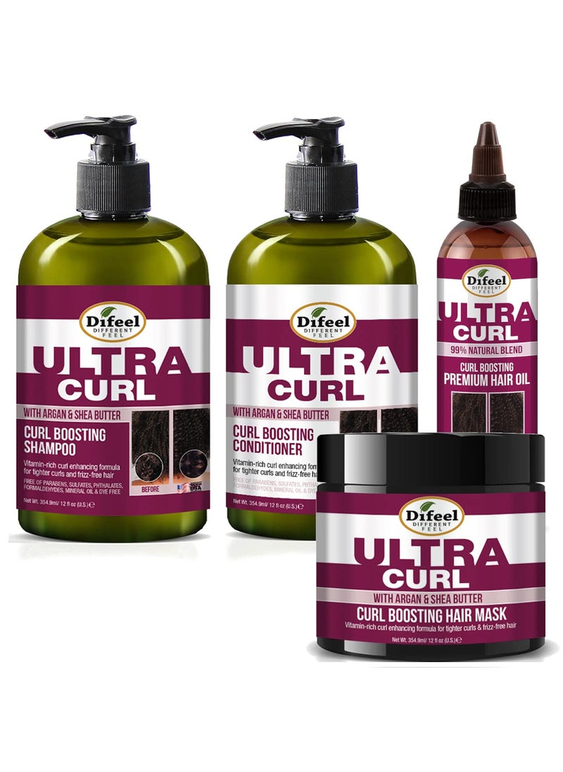 Difeel Ultra Curl Hair Care Set: Enhancing Shampoo (12 oz), Conditioner (12 oz), Mask (12 oz), and Oil (8 oz)