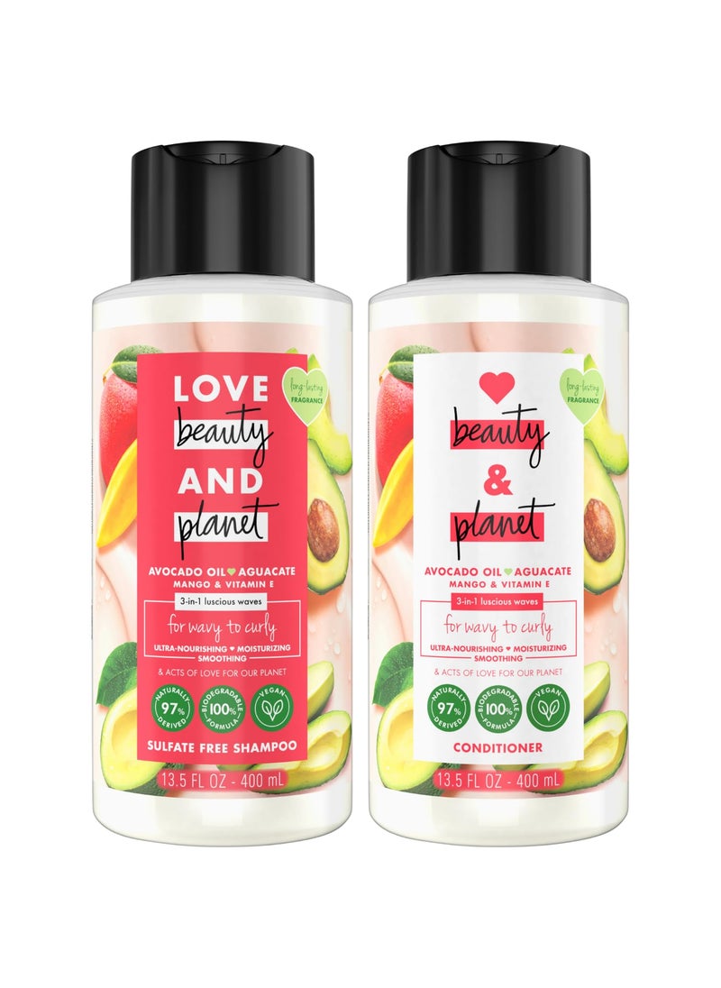 Love Beauty Planet Shampoo and Conditioner, Avocado Oil (Aguacate), Mango & Vitamin E - Sulfate-Free Shampoo & Conditioner, Wavy Hair & Curly Hair Products, Scented 13.5 Oz (2 Piece Set)