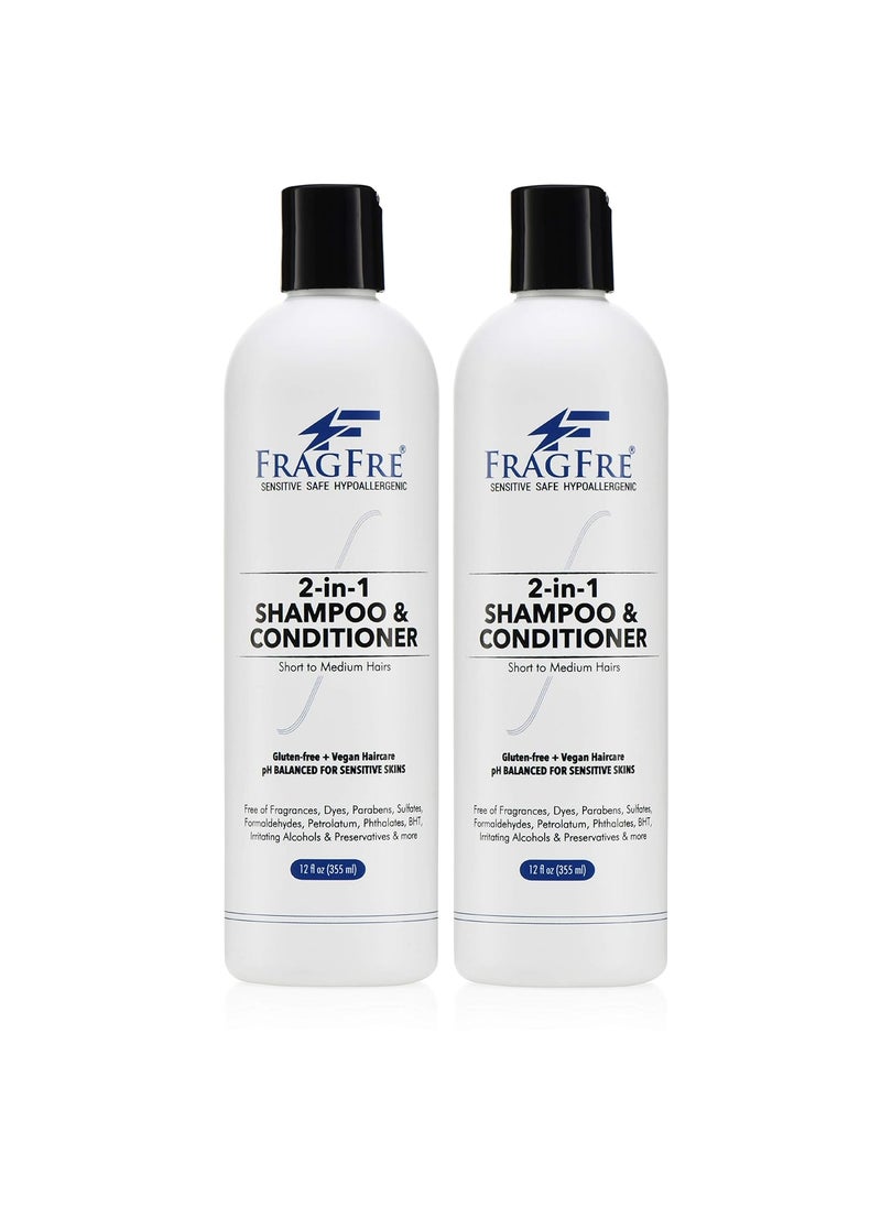 2 in 1 Shampoo and Conditioner 12 oz (2-Pack Gift Set) - Fragrance Free Conditioning Shampoo for Short to Medium Hairs - Color Safe - Sulfate Free Cleansing Conditioner for Sensitive Skin