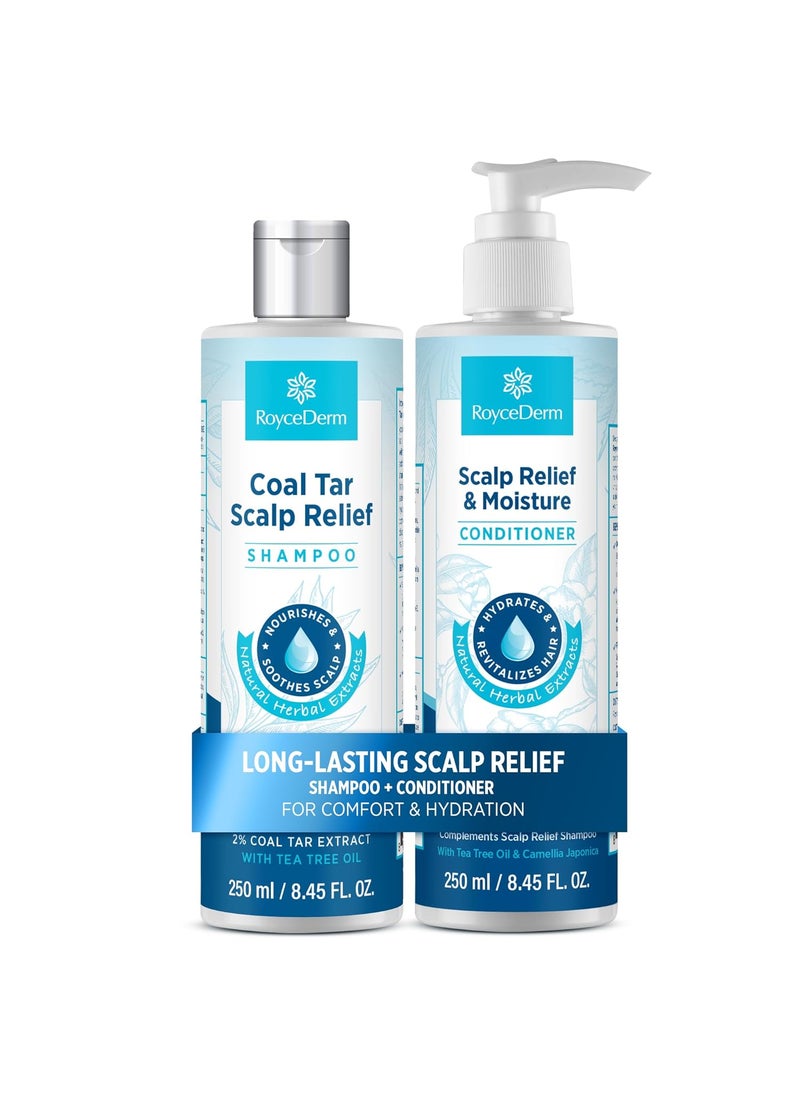 Roycederm Coal Tar Antidandruff Shampoo & Conditioner Set: 2% Coal Tar Extract Scalp Relief Shampoo for Psoriasis, Dandruff & Seborrheic Dermatitis - Soothes Itchy Scalp, Hydrates Hair