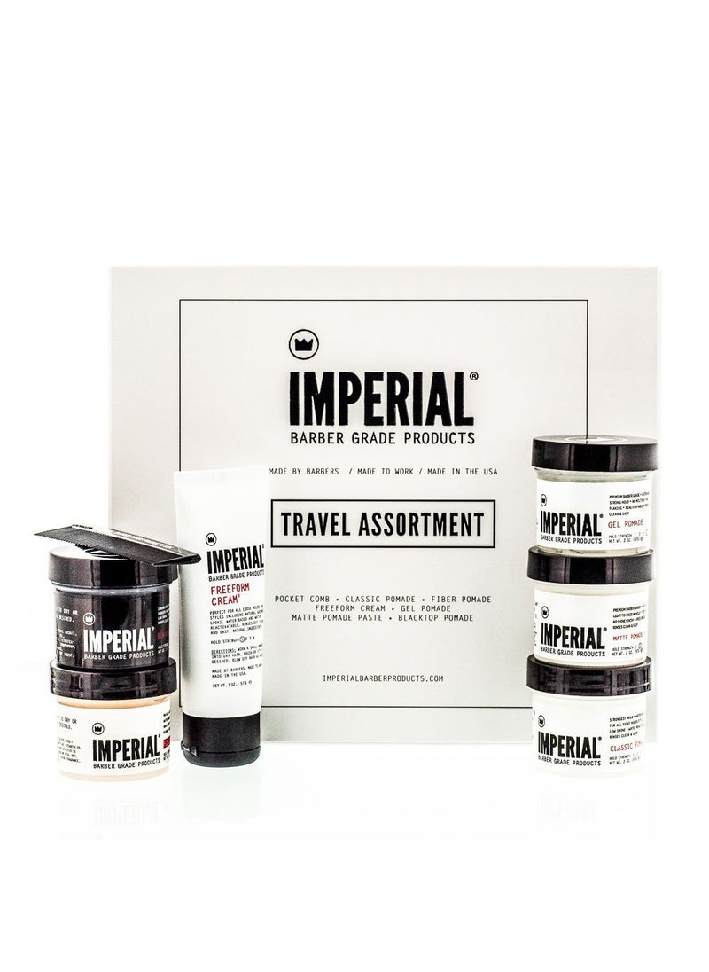 Imperial Barber Travel Assortment/Gift Set Men's Traveling Hair Style -Classic, Fiber, Gel & Blacktop Pomade, Matte Pomade Paste, Freeform Cream, Comb