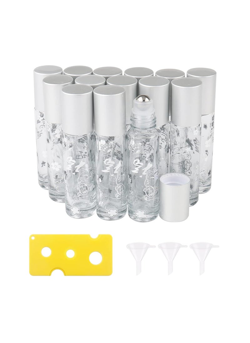 14Pcs Essential Oil Roller Bottles, 10ml Thick Glass Roll on Bottles Lucky Cat Massage Glass Roller Bottles Vials Tubes Containers for Perfumes Aromatherapy Lip Balms, Matte Silver Cap