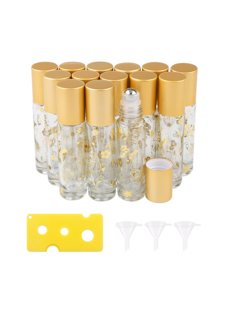 14Pcs Essential Oil Roller Bottles, 10ml Thick Glass Roll on Bottles Lucky Cat Massage Glass Roller Bottles Vials Tubes Containers for Perfumes Aromatherapy Lip Balms, Matte Gold Cap