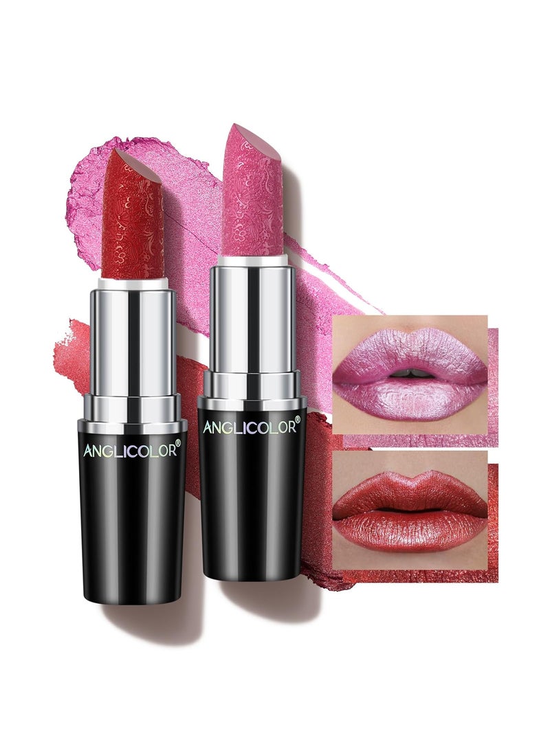 2pcs Glitter Lipstick High Impact Lipcolor,Red and Pink Lipstick Moisturizing Creamy Formula,Metallic Lipstick For Women For Vegan & Cruelty-Free,Full-Coverage Lip Color