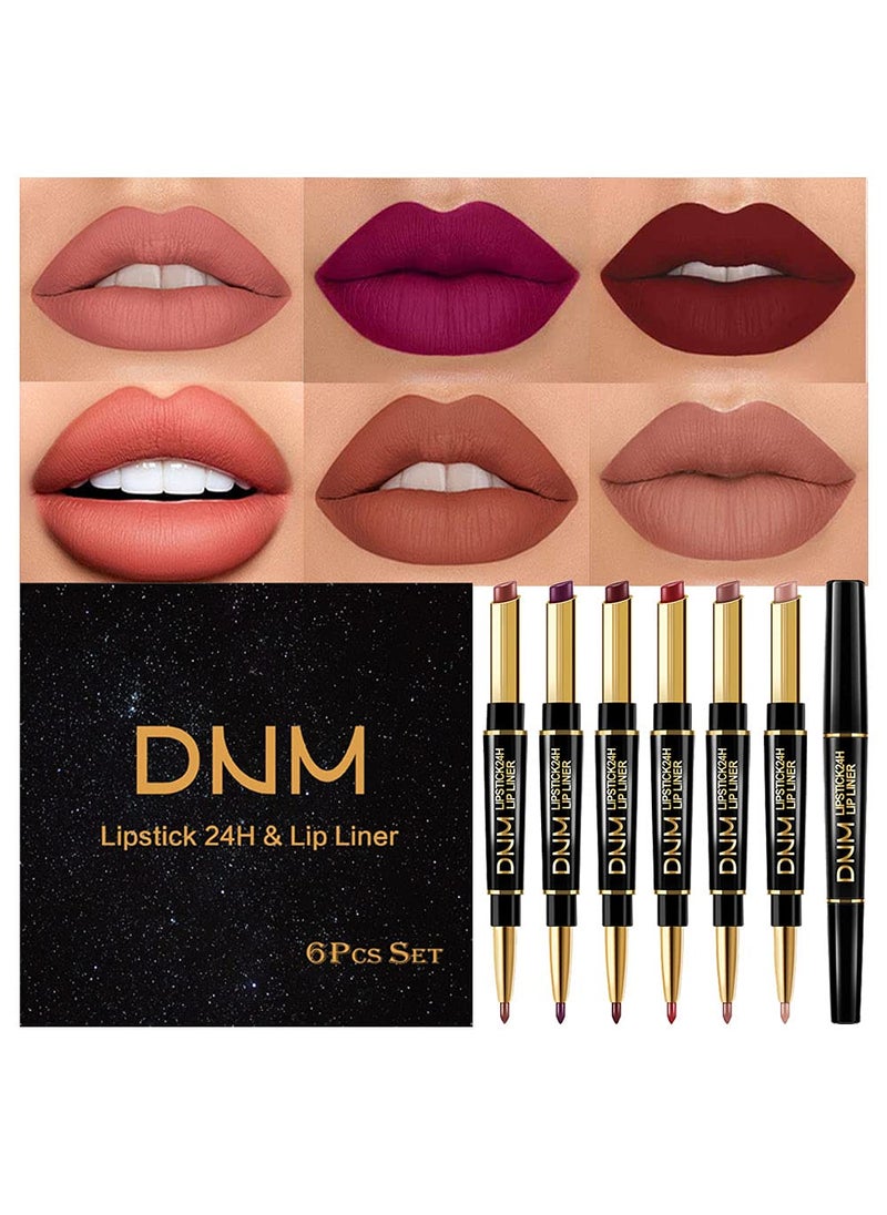 evpct 6 Pcs Lip Liner and Lipstick Set Kit DNM Chestnut Nude Dark Red Matte Matt Mat 24 Hour Lipstick Pen and Lip Kit with Lip Liner Pencil Long Lasting Set for Women labiales mate 24 horas originales