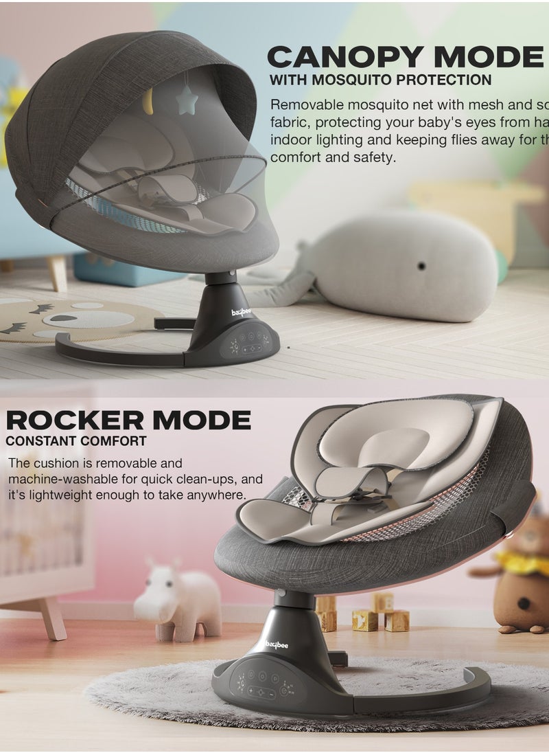 Premium Automatic Electric Baby Swing Cradle for Baby with 5 Adjustable Swing Speed, Remote Control, Recline & Soothing Vibrations Music Baby Rocker with Mosquito Net, Safety Belt & Toys Toddler Rocker Swing for Baby Dark Grey