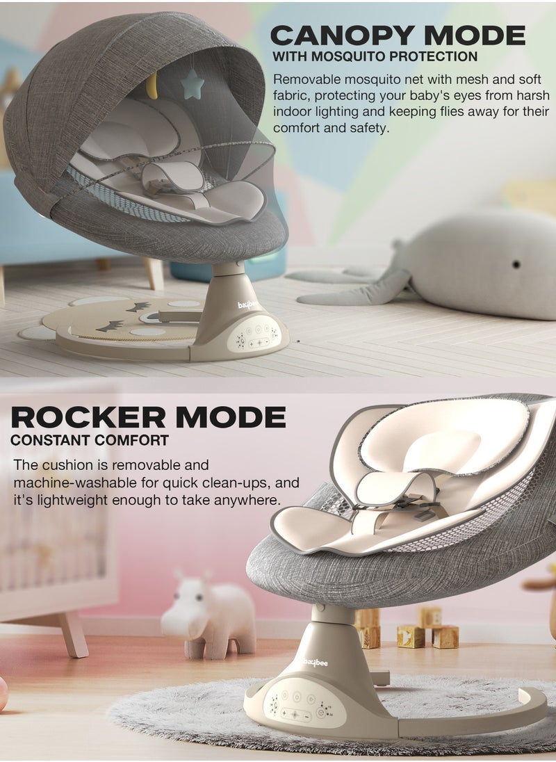 Premium Automatic Electric Baby Swing Cradle for Baby with 5 Adjustable Swing Speed, Remote Control, Recline & Soothing Vibrations Music Baby Rocker with Mosquito Net, Safety Belt & Toys Toddler Rocker Swing for Baby Light Grey