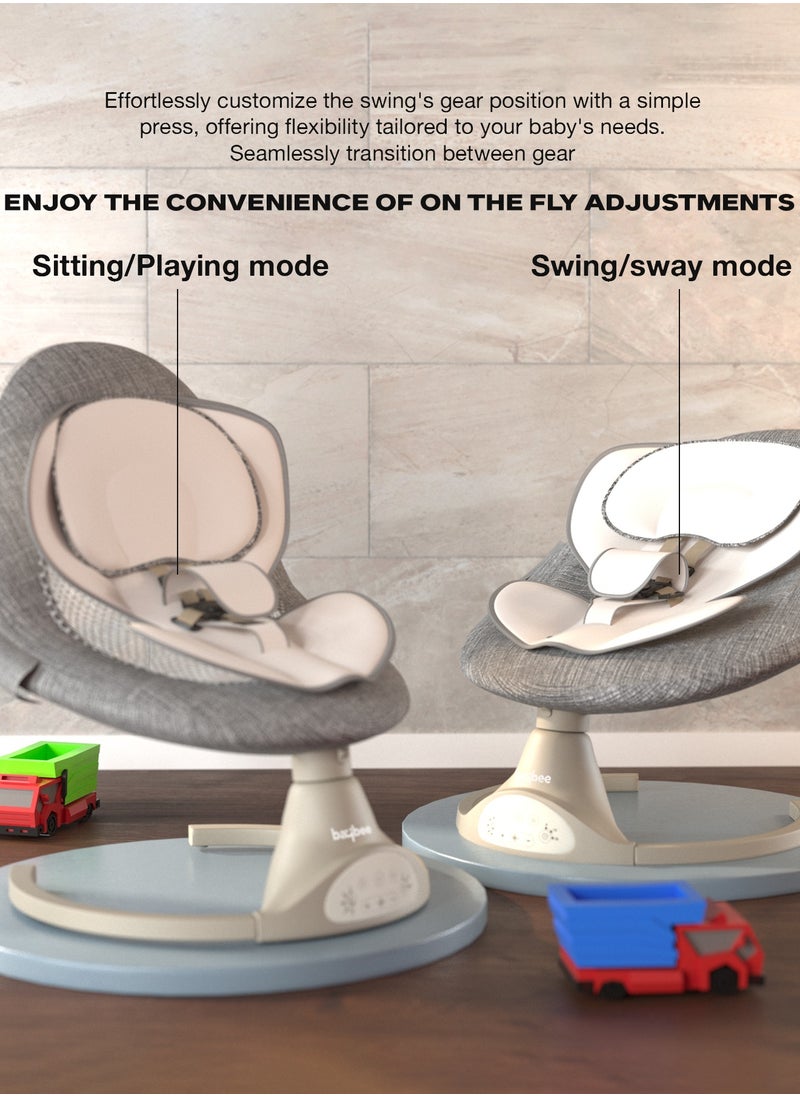 Premium Automatic Electric Baby Swing Cradle for Baby with 5 Adjustable Swing Speed, Remote Control, Recline & Soothing Vibrations Music Baby Rocker with Mosquito Net, Safety Belt & Toys Toddler Rocker Swing for Baby Light Grey