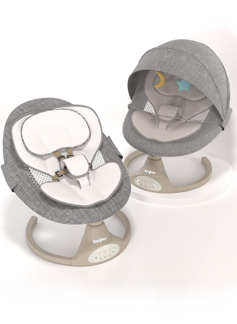 Premium Automatic Electric Baby Swing Cradle for Baby with 5 Adjustable Swing Speed, Remote Control, Recline & Soothing Vibrations Music Baby Rocker with Mosquito Net, Safety Belt & Toys Toddler Rocker Swing for Baby Light Grey