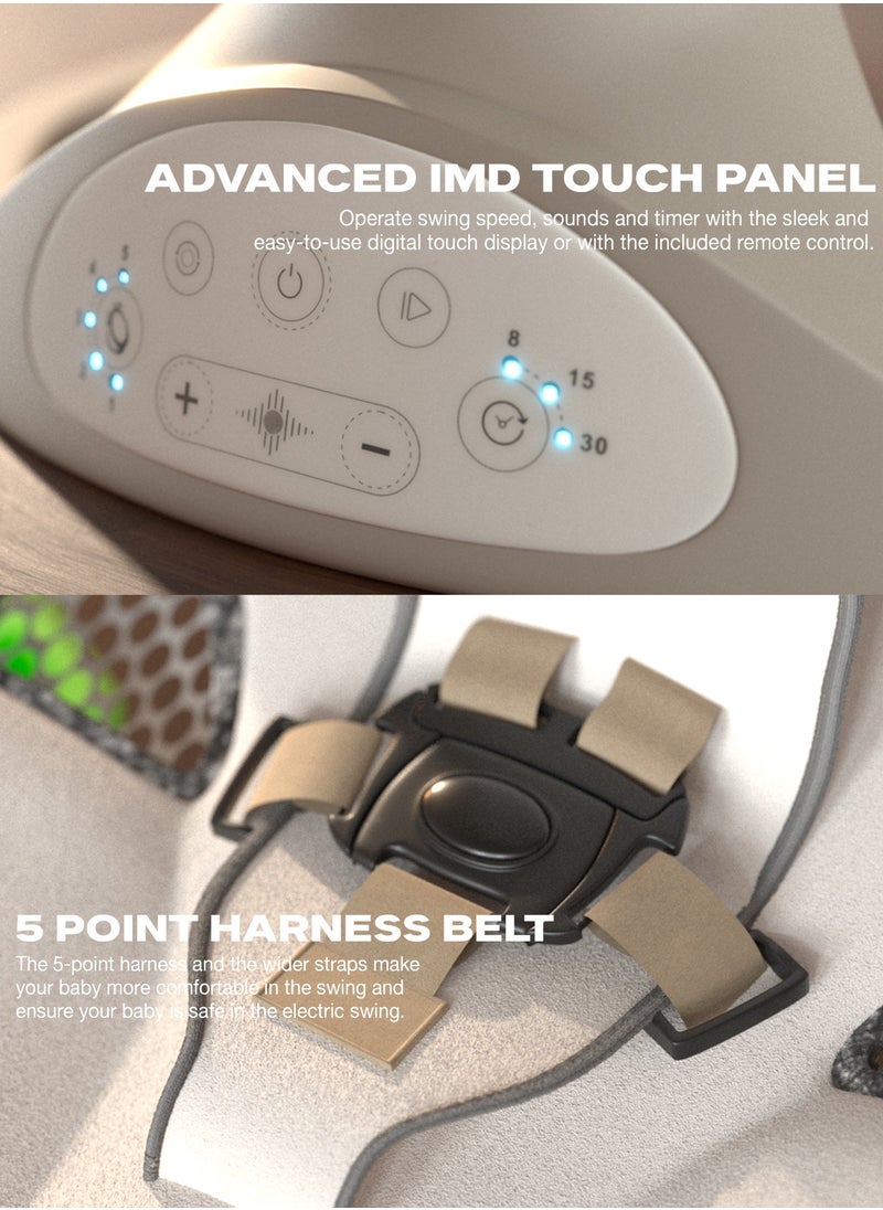 Premium Automatic Electric Baby Swing Cradle for Baby with 5 Adjustable Swing Speed, Remote Control, Recline & Soothing Vibrations Music Baby Rocker with Mosquito Net, Safety Belt & Toys Toddler Rocker Swing for Baby Light Grey