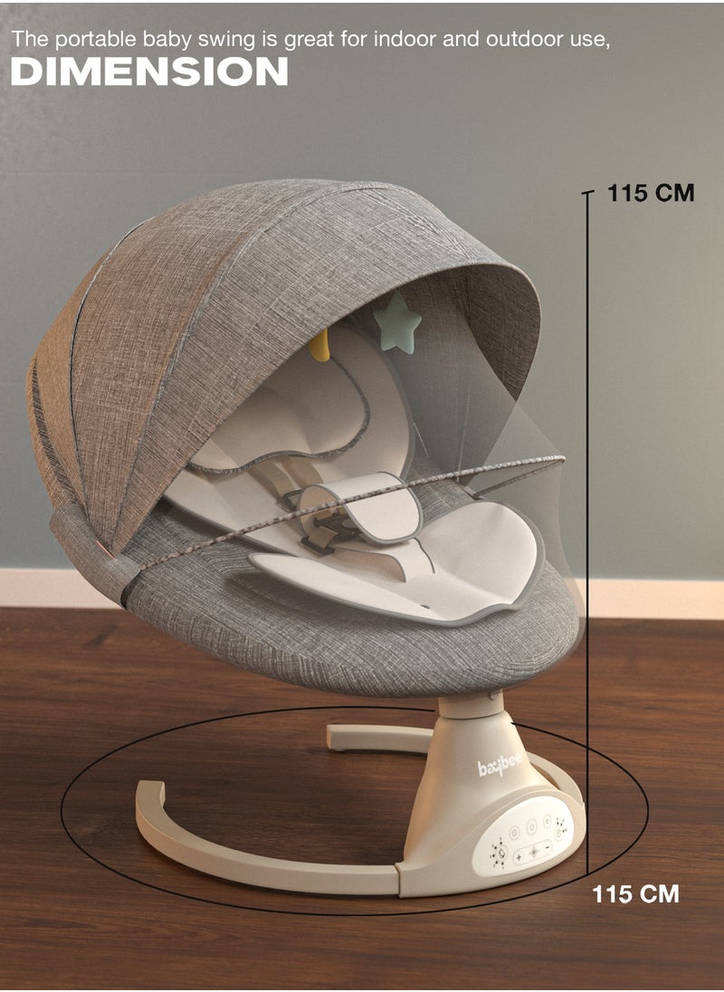 Premium Automatic Electric Baby Swing Cradle for Baby with 5 Adjustable Swing Speed, Remote Control, Recline & Soothing Vibrations Music Baby Rocker with Mosquito Net, Safety Belt & Toys Toddler Rocker Swing for Baby Light Grey