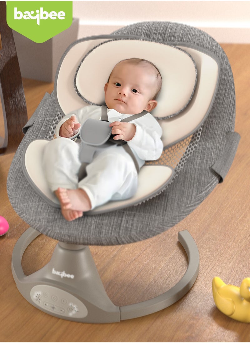 Premium Automatic Electric Baby Swing Cradle for Baby with 5 Adjustable Swing Speed, Remote Control, Recline & Soothing Vibrations Music Baby Rocker with Mosquito Net, Safety Belt & Toys Toddler Rocker Swing for Baby Light Grey