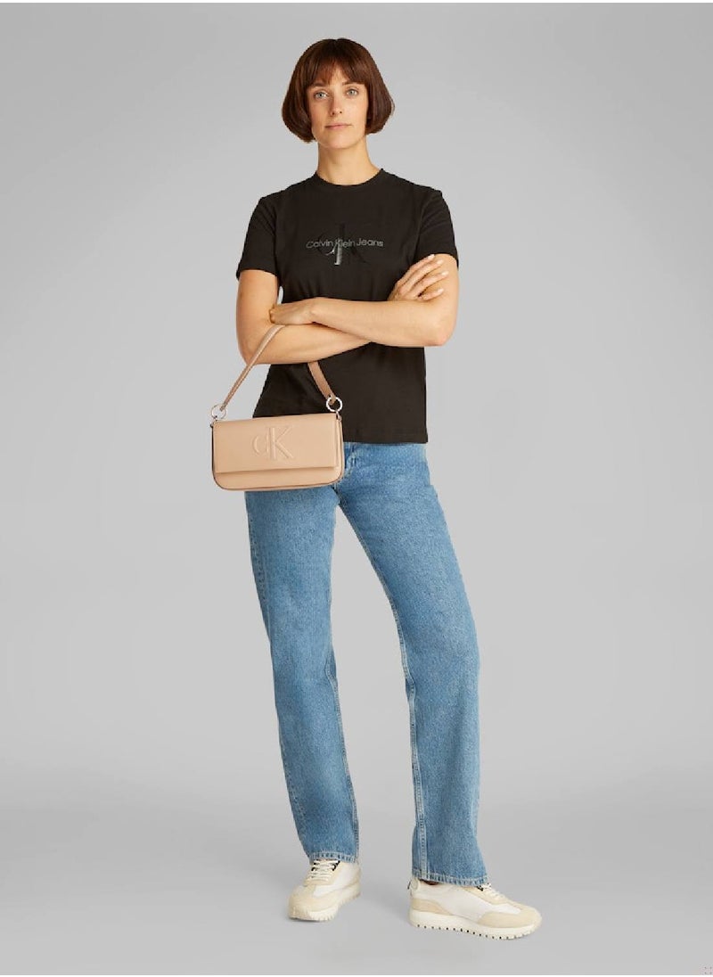 Women's Flap Shoulder Bag Pouch  - Faux Leather, Beige
