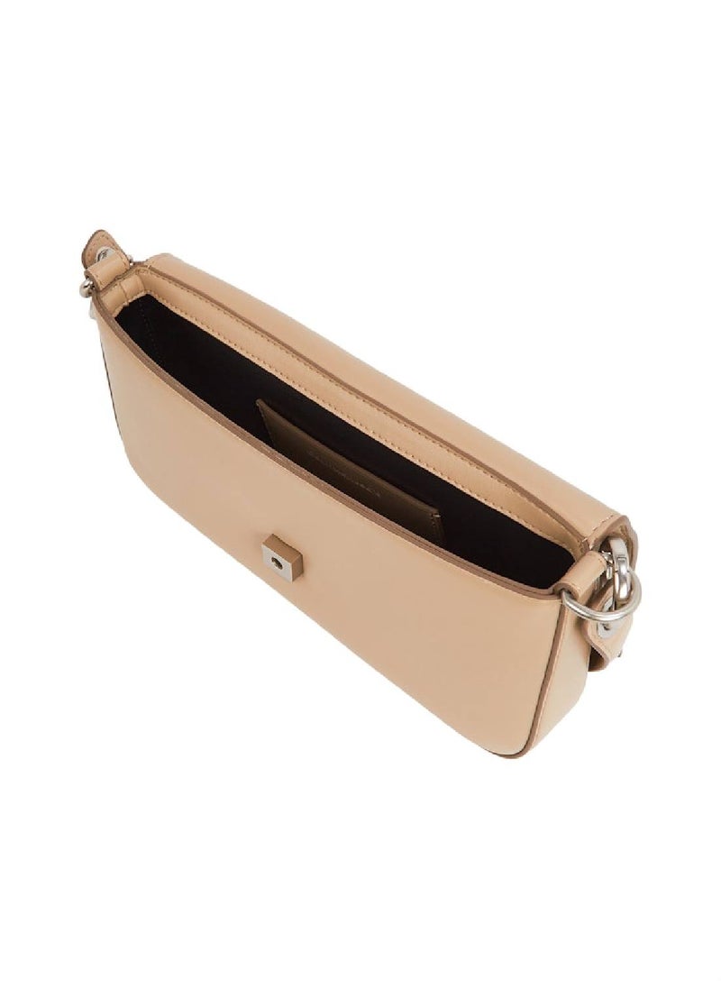 Women's Flap Shoulder Bag Pouch  - Faux Leather, Beige