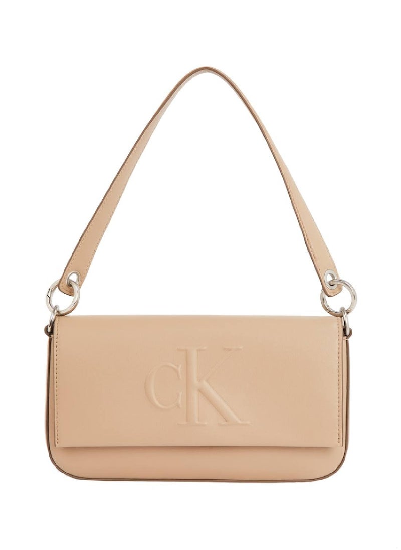 Women's Flap Shoulder Bag Pouch  - Faux Leather, Beige