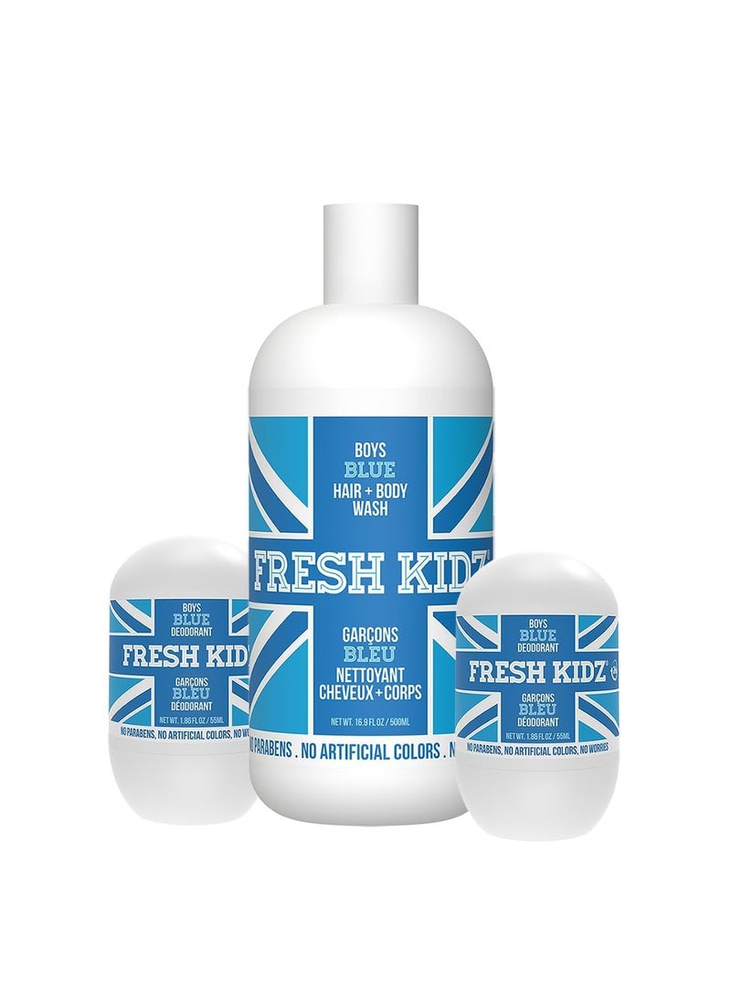 Fresh Kidz Hair & Body Wash 16.9 fl.oz. and 2 Roll On Deodorants 1.86 fl.oz. for Kids and Teens - Boys Blue Set