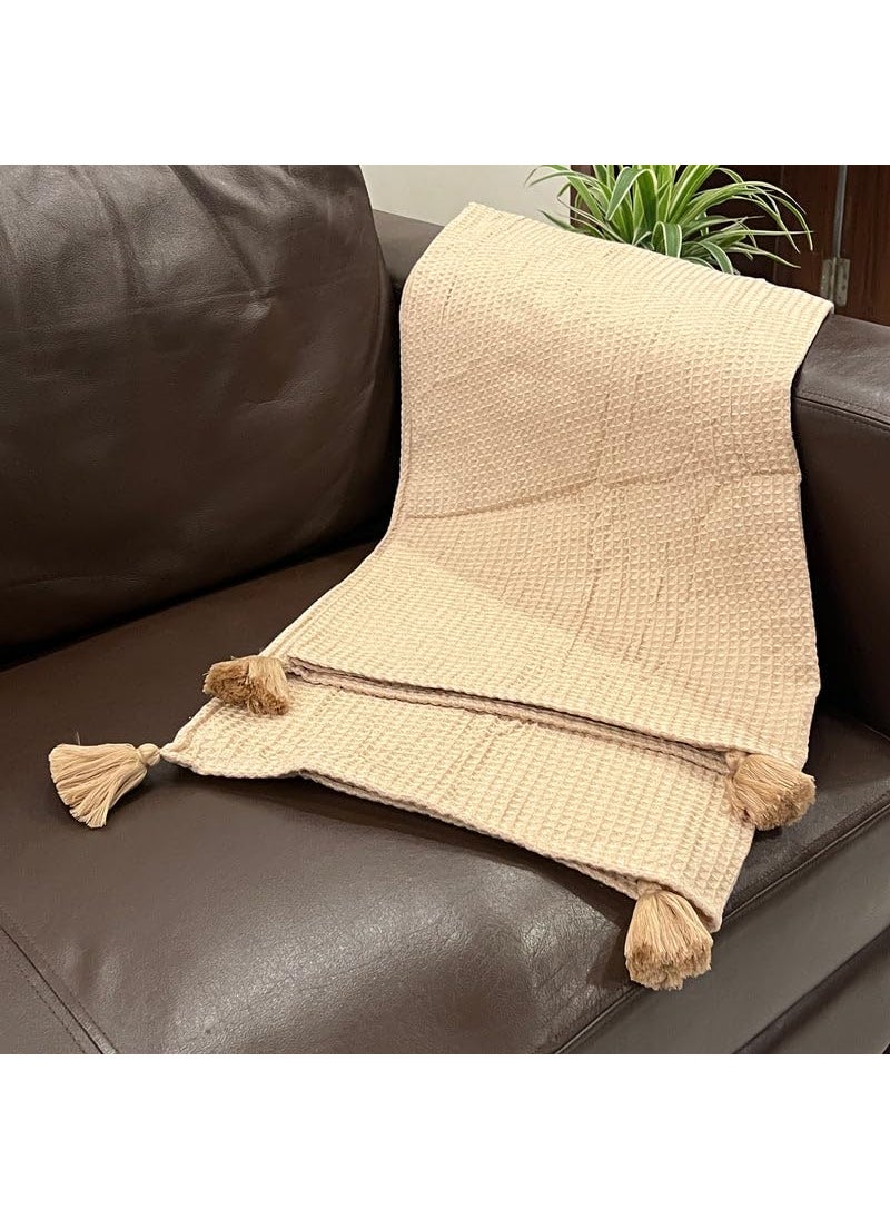 Enera Honeycomb Oats Beige Woven Throw Blanket with Tassels – Soft and Stylish Throw for Couch, Sofa, or Bed, Lightweight and Cozy, Perfect for Home Décor and All-Season Use