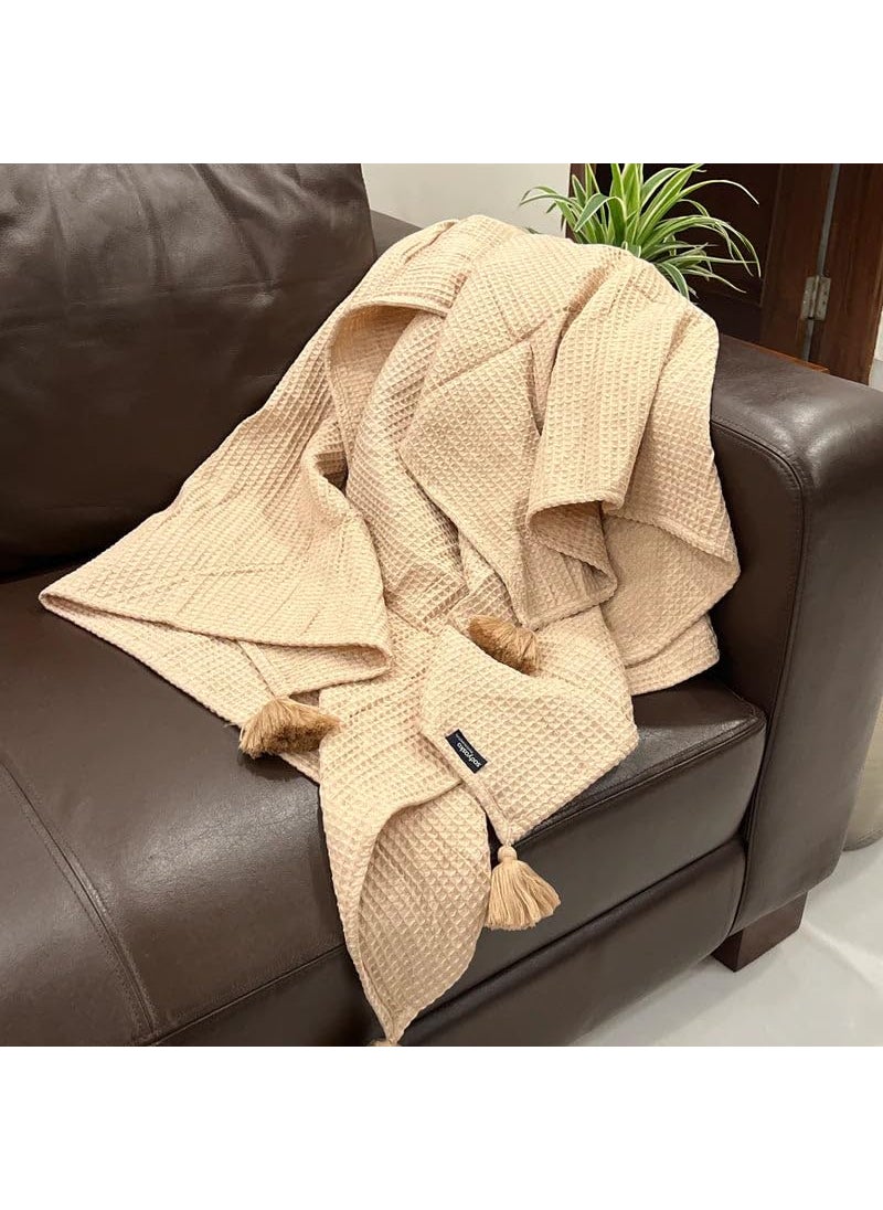Enera Honeycomb Oats Beige Woven Throw Blanket with Tassels – Soft and Stylish Throw for Couch, Sofa, or Bed, Lightweight and Cozy, Perfect for Home Décor and All-Season Use