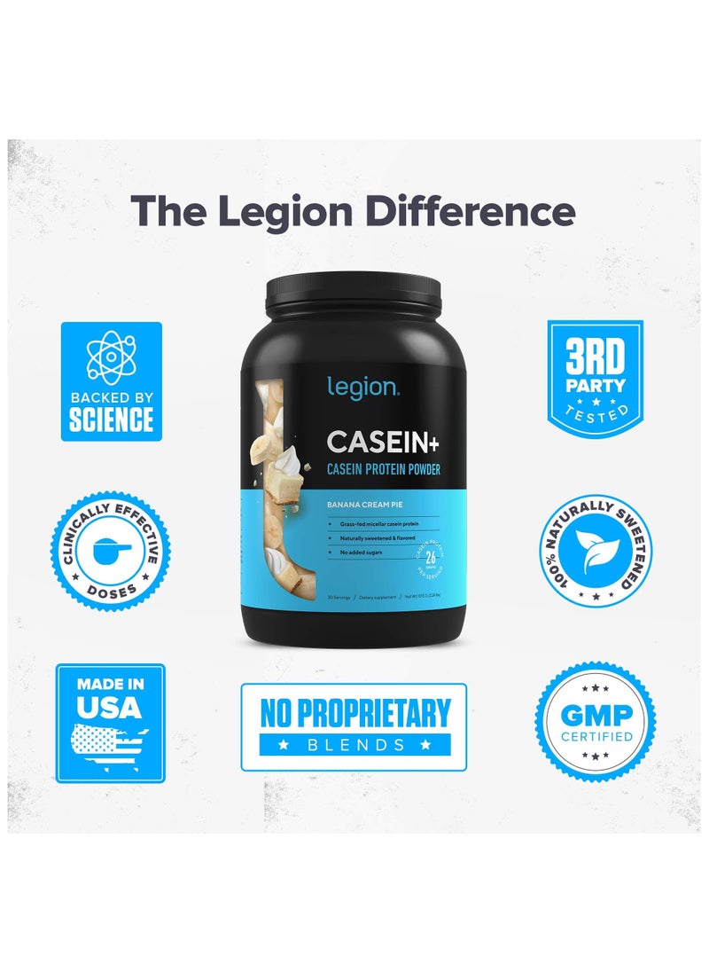 Casein+ Casein Protein Powder, Grass-Fed Micellar Casein Protein, Naturally Sweetened & Flavored, No Added Sugars, 26g Per Serving, 1020 grams (2.25lbs), 30 Servings - Banana Cream Pie