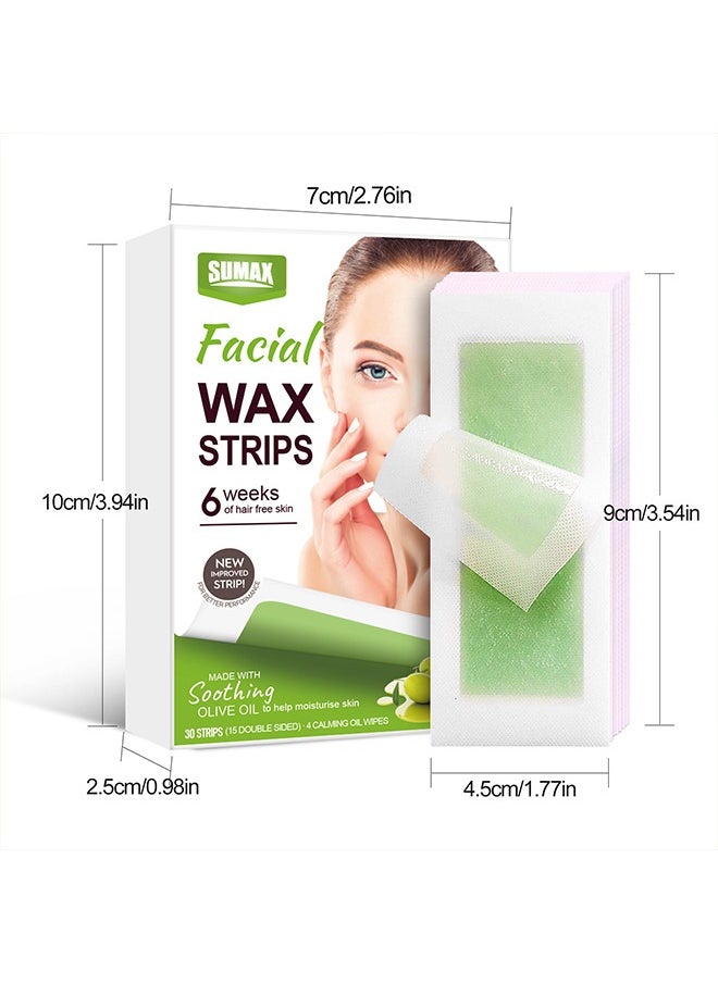 Facial Wax Strips for Hair Removal, Double Sides Facial Body Wax Strips, Waxing Kit with (30 Face Wax Strips+4 Calming Oil Wipes)  For Women Man