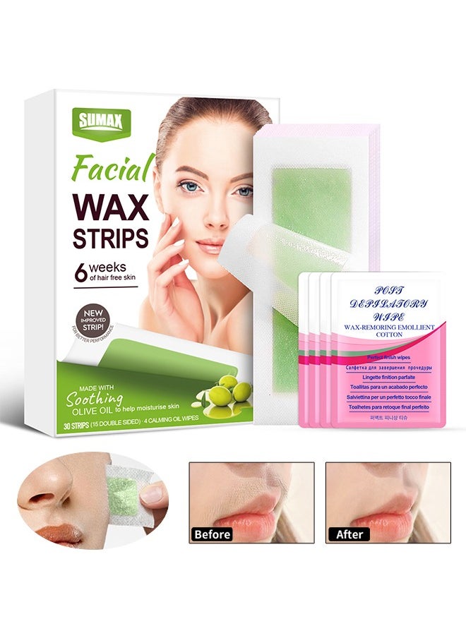 Facial Wax Strips for Hair Removal, Double Sides Facial Body Wax Strips, Waxing Kit with (30 Face Wax Strips+4 Calming Oil Wipes)  For Women Man