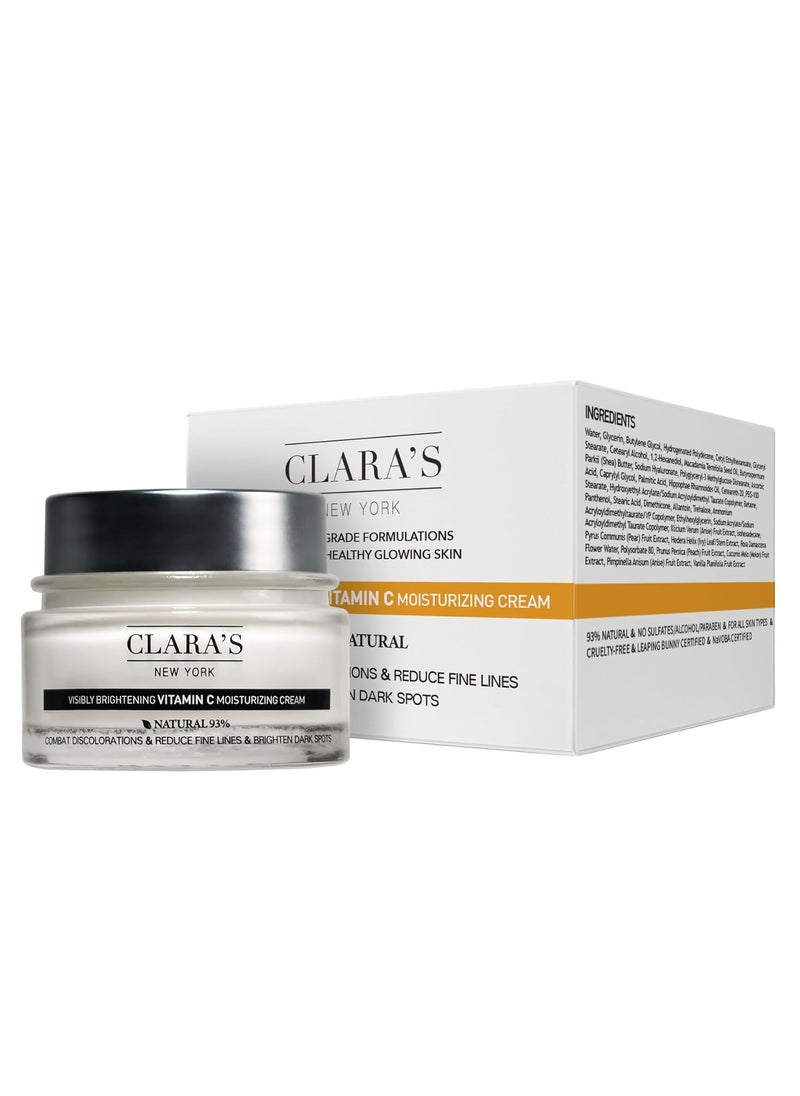 CLARA'S NEW YORK | Brightening Vitamin C Moisturizer Face Cream | with Hyaluronic Acid | Acne Scars Dark Spots Reduce Fine Lines, Healthy Glowing Skin | Non-sticky, Fast-absorbing | 50ml MADE IN USA