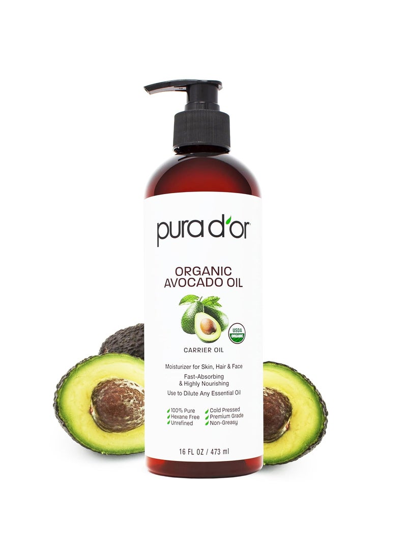 PURA D'OR 16 Oz ORGANIC Avocado Oil - 100% Pure & Natural USDA Certified Cold Pressed Carrier Oil For DIY Beauty, Non-Greasy, Unscented, Hexane Free Liquid Moisturizer - Face Skin & Hair - Men & Women