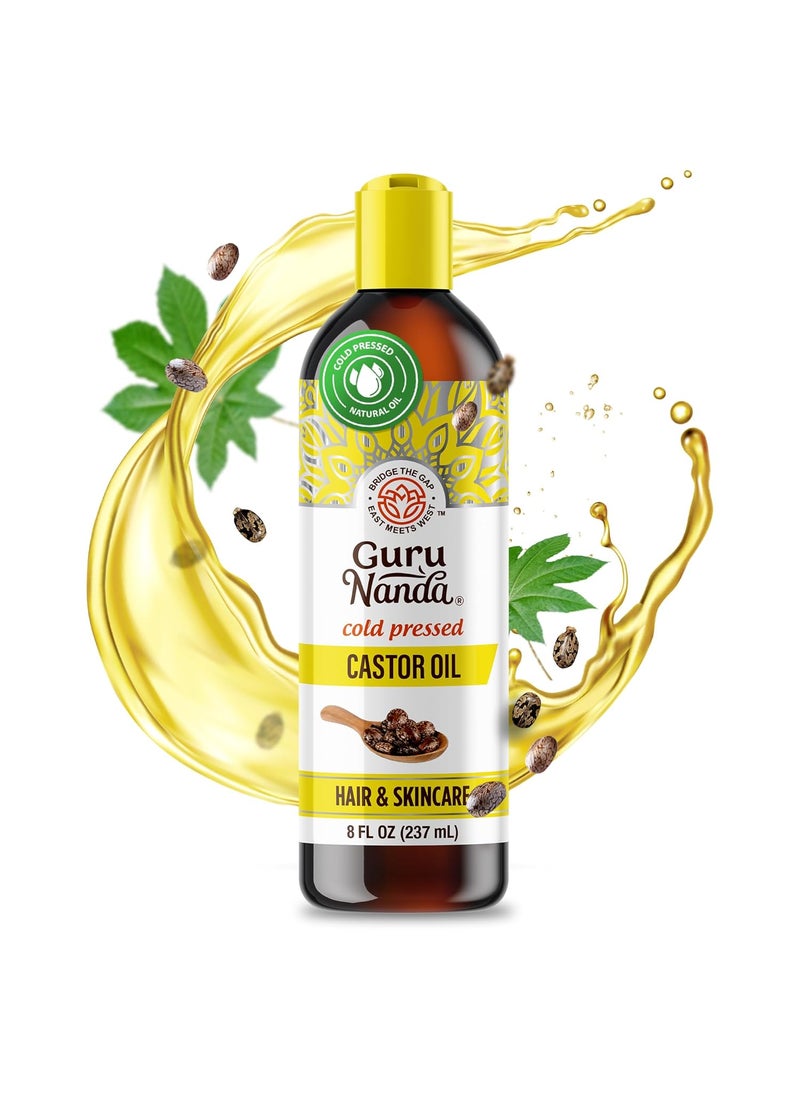 GuruNanda Castor Oil (8 Fl oz), 100% Pure, Cold Pressed & Hexane-Free, Hydrating Carrier Oil, Natural Castor Oil for Hair, Eyebrows & Eyelashes Growth