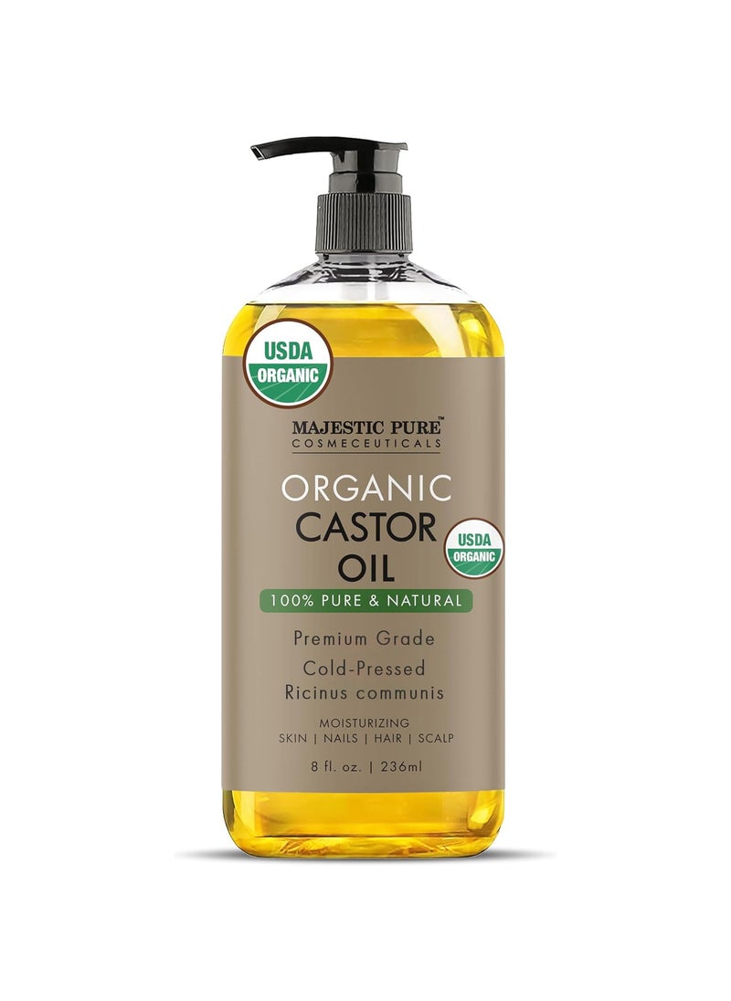 Majestic Pure Organic Castor Oil | Hexane Free & 100% Pure | Cold Pressed | Stimulate Growth for Hair, Eyelashes, Eyebrows, Nails | Moisturizing & Nourishing | Body, Hair & Carrier Oil | 8 Fl Oz