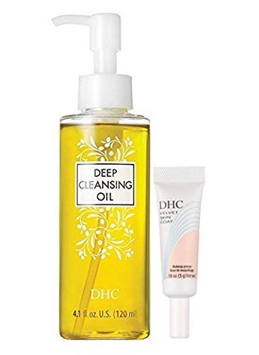 DHC Must Haves, Deep Cleansing Oil Medium, Velvet Skin Coat Mini, Facial Cleansing Oil, Makeup Primer, Fragrance and Colorant Free, Ideal for All Skin Types, 4.1 oz. and 0.18 oz.