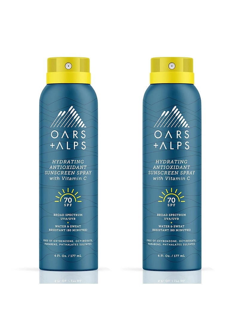 Oars + Alps Hydrating SPF 70 Sunscreen Spray, Infused with Vitamin C and Antioxidants, Water and Sweat Resistant, 6 Oz, 2 Pack