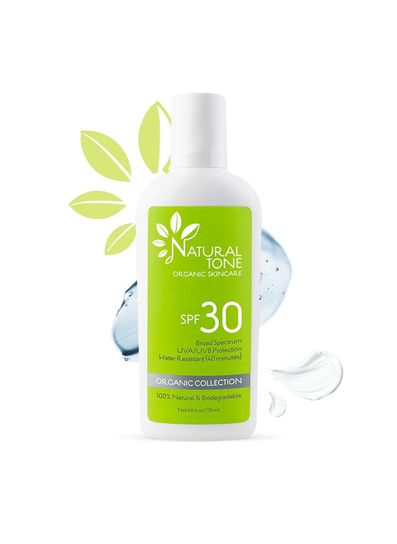 SPF30 Broad Spectrum Natural Sunscreen, Soothing and Hydrating Mineral Sunscreen, Vegan, Paraben-Free Sunblock, Water-Resistant Sunscreen for Face and Body, 4oz - Natural Tone Organic Skincare