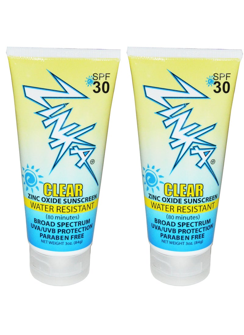 Zinka Clear Zinc Oxide Water Resistant SPF 30 Sunscreen Paraben Free 3 Ounce (Pack of 2)